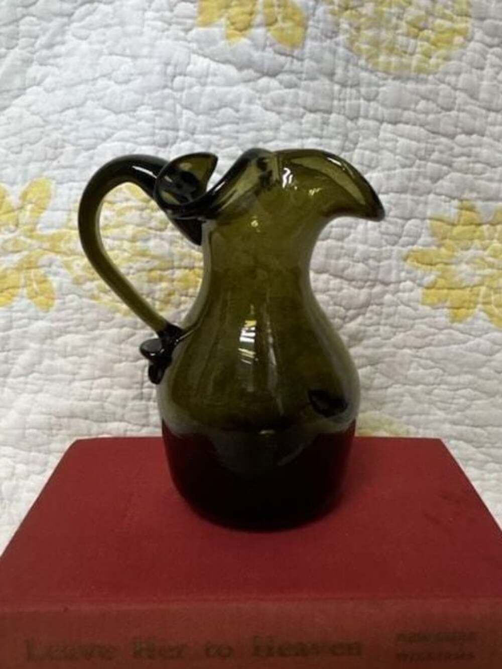 Vintage Mid-Century Modern Olive Green Hand Blown Glass Pitcher
